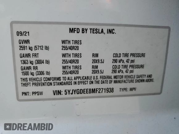 2021 Tesla Model Y Long Range with VIN 5YJYGDEE8MF271938, listed as a Copart auction lot 50961485 with 46,173 mi miles and Salvage Title. Bid and sale history available at DreamBid. Image 13.