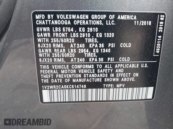 2019 Volkswagen Atlas SE with VIN 1V2WR2CA5KC514748, listed as a IAAI auction lot 42367164 with 57,827 mi miles and . Bid and sale history available at DreamBid. Image 9.