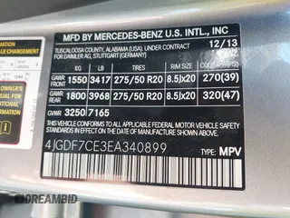 2014 Mercedes-Benz GL-Class GL 450 with VIN 4JGDF7CE3EA340899, listed as a IAAI auction lot 41849790 with 100,502 mi miles. Bid and sale history available at carsss.com. Image 9.