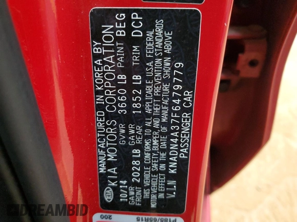 2015 Kia Rio EX with VIN KNADN4A37F6479779, listed as a Copart auction lot 48152355 with 154,331 mi miles and Salvage Title. Bid and sale history available at carsss.com. Image 14.