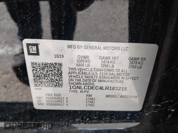 2020 Chevrolet Tahoe Commercial with VIN 1GNLCDEC4LR183215, listed as a IAAI auction lot 40783993 with 119,705 mi miles and . Bid and sale history available at DreamBid. Image 9.