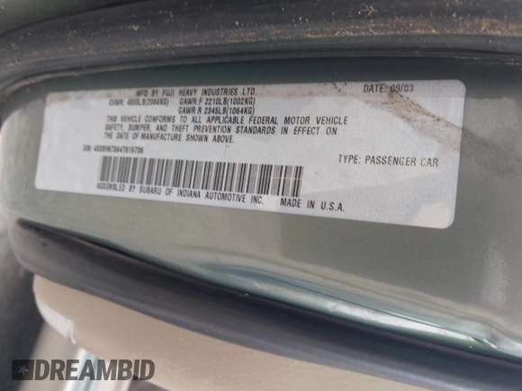 2004 Subaru Legacy Outback with VIN 4S3BH675647615736, listed as a IAAI auction lot 42688407 with 208,849 mi miles and . Bid and sale history available at DreamBid. Image 9.