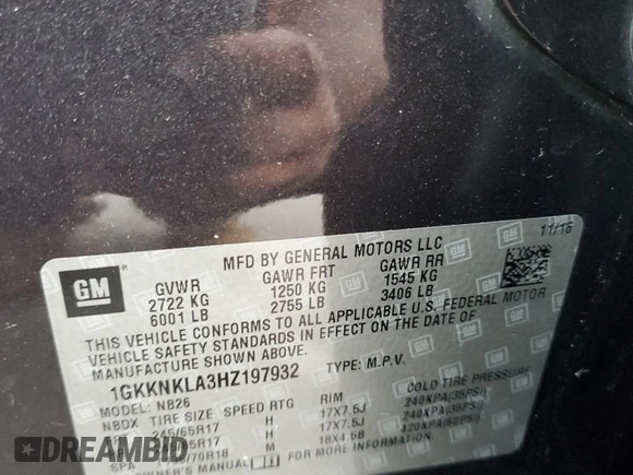 2017 GMC Acadia SLE z VIN 1GKKNKLA3HZ197932, wystawiony jako Copart lot #56743285 z przebiegiem 119 106 mil mil oraz Szkoda całkowita • Salvage title. Historia ofert i sprzedaży dostępna na DreamBid. Obrazek 13.