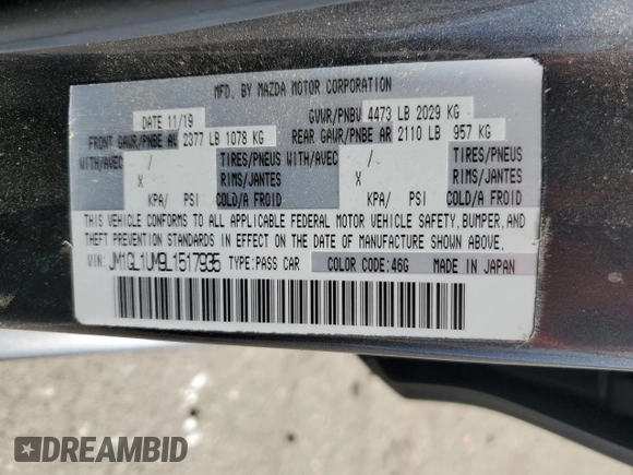 2020 Mazda 6 Sport with VIN JM1GL1UM9L1517935, listed as a Copart auction lot 46538025 with 55,890 mi miles and Salvage Title. Bid and sale history available at DreamBid. Image 13.
