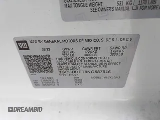 2022 Chevrolet Silverado 1500 with VIN 3GCUDDET9NG587916, listed as a IAAI auction lot 41618213 with 58,263 mi miles and . Bid and sale history available at DreamBid. Image 9.