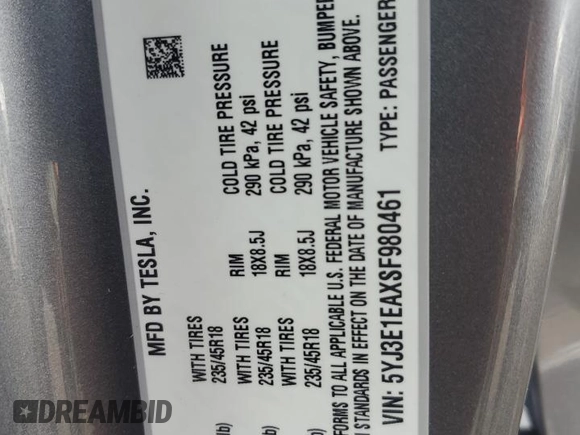 2025 Tesla Model 3 Long Range with VIN 5YJ3E1EAXSF980461, listed as a Copart auction lot 51093215 with 225 mi miles and Salvage title. Bid and sale history available at DreamBid. Image 14.