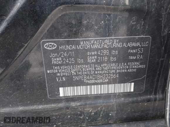 2011 Hyundai Sonata GLS with VIN 5NPEB4AC1BH232564, listed as a IAAI auction lot 42172923 with 162,851 mi miles and . Bid and sale history available at carsss.com. Image 9.