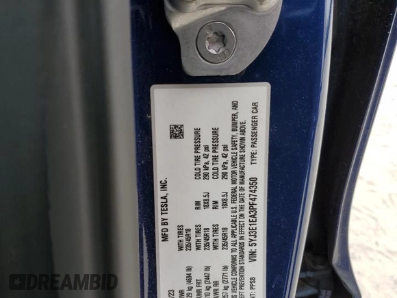 2023 Tesla Model 3 with VIN 5YJ3E1EA3PF474350, listed as a Copart auction lot 53819035 with 32,714 mi miles and Salvage Title. Bid and sale history available at DreamBid. Image 12.