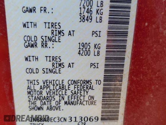 2012 Nissan Titan SV with VIN 1N6BA0EC3CN313069, listed as a Copart auction lot 43333895 with 208,208 mi miles and Salvage Title. Bid and sale history available at carsss.com. Image 12.