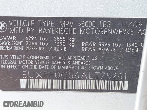 2010 BMW X5 35d with VIN 5UXFF0C56ALT75261, listed as a IAAI auction lot 42360895 with 122,254 mi miles and . Bid and sale history available at DreamBid. Image 9.