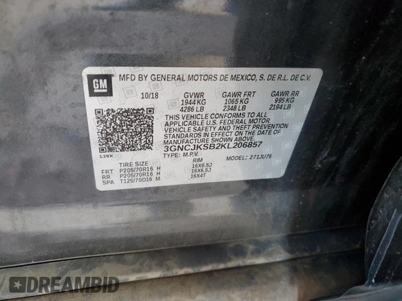 2019 Chevrolet Trax LS with VIN 3GNCJKSB2KL206857, listed as a Copart auction lot 50194705 with 42,367 mi miles and Salvage Title. Bid and sale history available at carsss.com. Image 13.