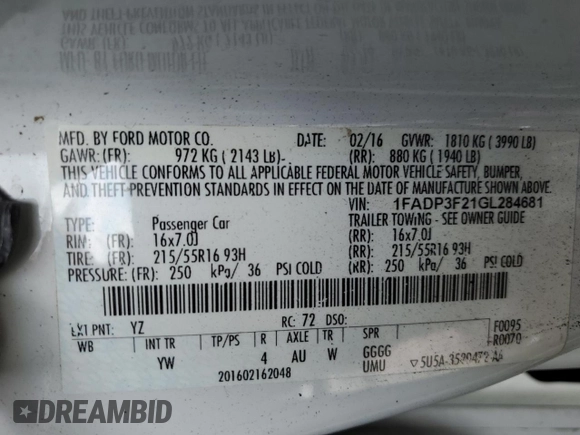 2016 Ford Focus SE with VIN 1FADP3F21GL284681, listed as a Copart auction lot 51140975 with 141,704 mi miles and Salvage Title. Bid and sale history available at DreamBid. Image 12.
