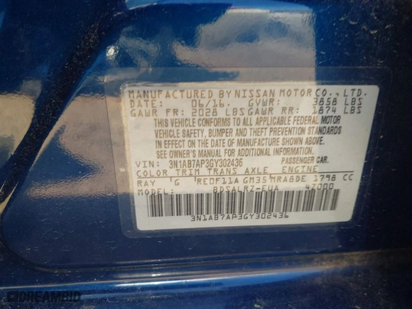 2016 Nissan Sentra S with VIN 3N1AB7AP3GY302436, listed as a IAAI auction lot 41825909 with 97,830 mi miles. Bid and sale history available at carsss.com. Image 9.