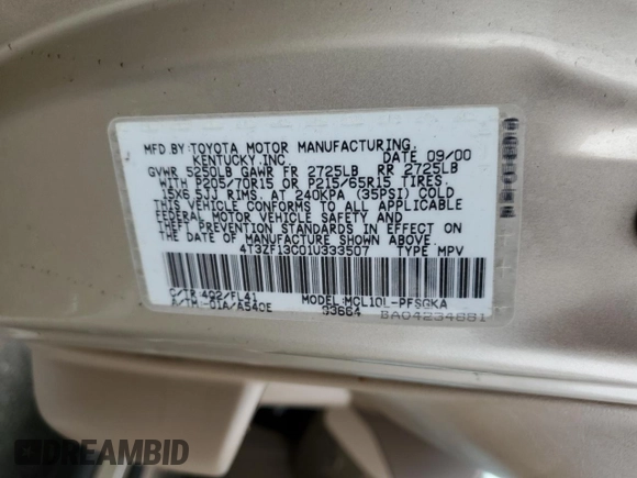 2001 Toyota Sienna LE with VIN 4T3ZF13C01U333507, listed as a Copart auction lot 86604984 with 192,377 mi miles and Salvage Title. Bid and sale history available at DreamBid. Image 15.