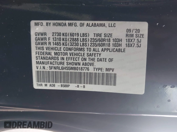 2021 Honda Odyssey EX with VIN 5FNRL6H55MB018776, listed as a IAAI auction lot 41485453 with 53,766 mi miles and . Bid and sale history available at DreamBid. Image 9.