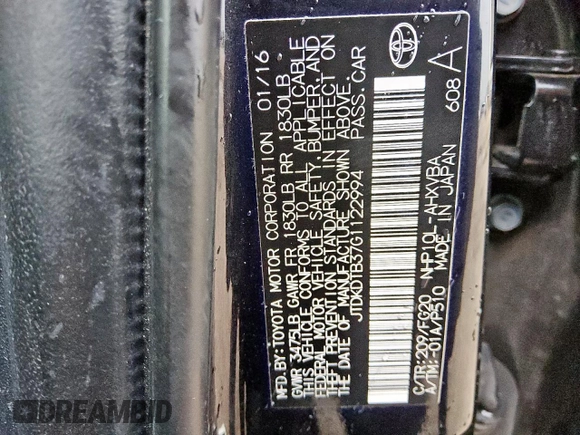 2016 Toyota Prius One z VIN JTDKDTB37G1122994, wystawiony jako Copart lot #58796155 z przebiegiem 93 103 mil mil oraz Czysty tytuł • Clean title. Historia ofert i sprzedaży dostępna na DreamBid. Obrazek 12.