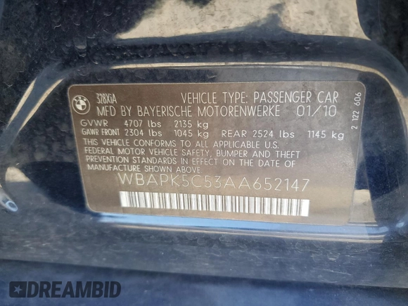 2010 BMW 3 Series 328i xDrive with VIN WBAPK5C53AA652147, listed as a Copart auction lot 55173615 with Not provided miles and Salvage title. Bid and sale history available at DreamBid. Image 12.