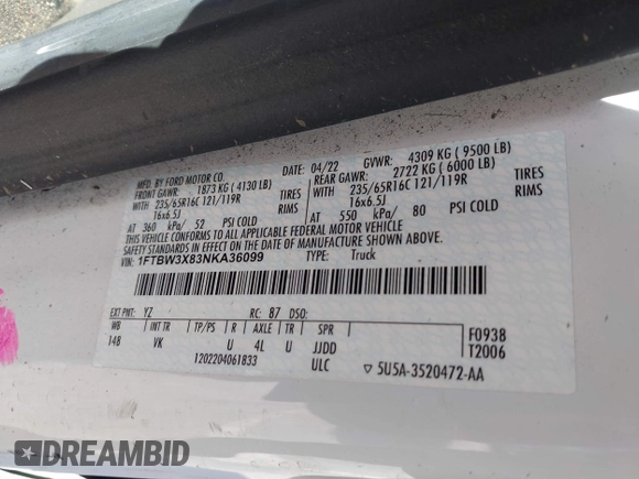 2022 Ford Transit Cargo z VIN 1FTBW3X83NKA36099, wystawiony jako IAAI lot #41966836 z przebiegiem 116 881 mil mil oraz . Historia ofert i sprzedaży dostępna na DreamBid. Obrazek 9.
