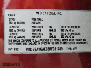 2024 Tesla Model Y Long Range with VIN 7SAYGAEE8RF081789, listed as a Copart auction lot 87361764 with 11,690 mi miles and Salvage Title. Bid and sale history available at carsss.com. Image 16.