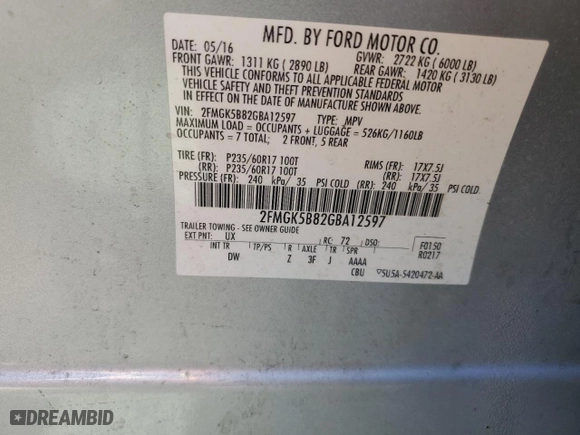2016 Ford Flex SE with VIN 2FMGK5B82GBA12597, listed as a Copart auction lot 67605434 with 93,456 mi miles and Salvage Title. Bid and sale history available at carsss.com. Image 14.