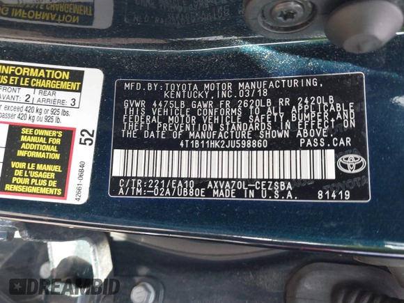 2018 Toyota Camry LE with VIN 4T1B11HK2JU598860, listed as a IAAI auction lot 41493633 with 74,480 mi miles. Bid and sale history available at carsss.com. Image 9.