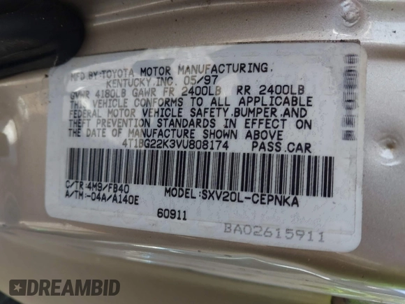 1997 Toyota Camry LE z VIN 4T1BG22K3VU808174, wystawiony jako IAAI lot #42237077 z przebiegiem 100 049 mil mil oraz . Historia ofert i sprzedaży dostępna na DreamBid. Obrazek 9.
