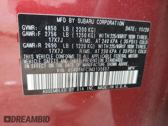 2021 Subaru Outback Premium z VIN 4S4BTAFC3M3135657, wystawiony jako Copart lot #56171655 z przebiegiem 55 190 mil mil oraz Szkoda całkowita • Salvage title. Historia ofert i sprzedaży dostępna na DreamBid. Obrazek 13.