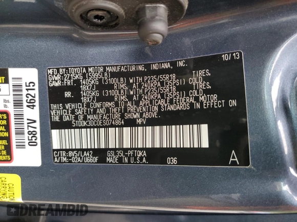 2014 Toyota Sienna Limited with VIN 5TDDK3DC0ES074864, listed as a Copart auction lot 55680115 with Not provided miles and Salvage title. Bid and sale history available at DreamBid. Image 13.