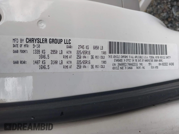 2010 Chrysler Town & Country Touring with VIN 2A4RR5D17AR463316, listed as a IAAI auction lot 42075932 with 260,617 mi miles. Bid and sale history available at carsss.com. Image 9.