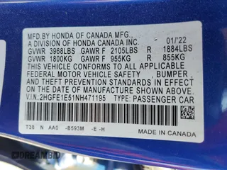 2022 Honda Civic Si with VIN 2HGFE1E51NH471195, listed as a Copart auction lot 55349515 with 26,032 mi miles and Salvage Title. Bid and sale history available at DreamBid. Image 12.