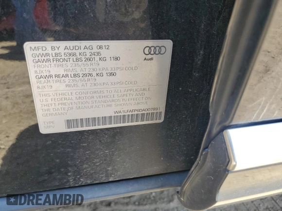 2013 Audi Q5 Premium Plus with VIN WA1LFAFP6DA007891, listed as a Copart auction lot 61104275 with 120,452 mi miles and Clean title. Bid and sale history available at DreamBid. Image 14.