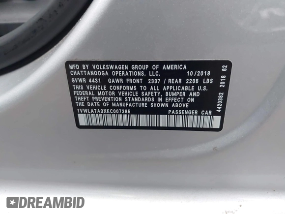 2019 Volkswagen Passat 2.0T Wolfsburg Edition with VIN 1VWLA7A3XKC007385, listed as a IAAI auction lot 41409014 with 36,208 mi miles. Bid and sale history available at carsss.com. Image 9.
