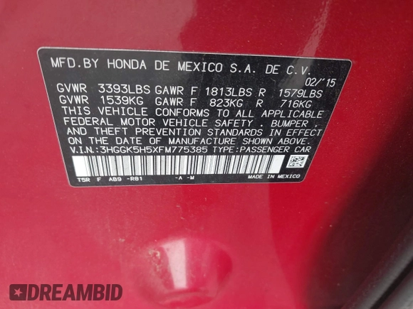 2015 Honda Fit LX with VIN 3HGGK5H5XFM775385, listed as a IAAI auction lot 42555319 with 81,615 mi miles and . Bid and sale history available at DreamBid. Image 9.