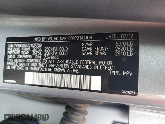 2012 Volvo XC70 T6 with VIN YV4902BZ7C1137799, listed as a Copart auction lot 73965734 with Not Provided miles and Non Repairable. Bid and sale history available at DreamBid. Image 13.