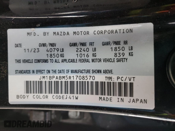 2024 Mazda 3 S Select Sport with VIN JM1BPABM5R1708570, listed as a Copart auction lot 47841515 with 39,044 mi miles and Clean title. Bid and sale history available at DreamBid. Image 12.