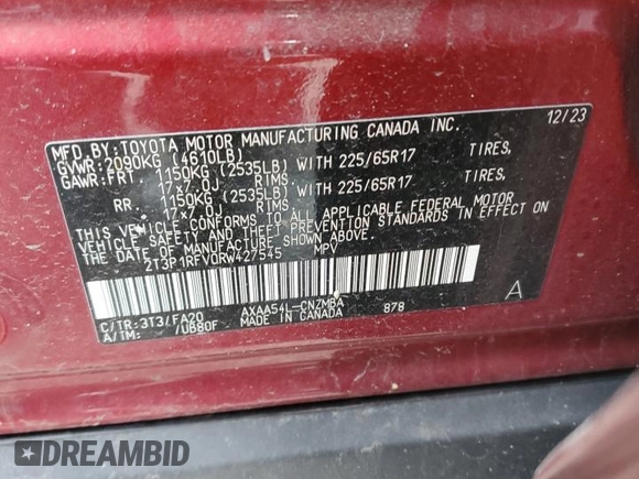 2024 Toyota RAV4 XLE with VIN 2T3P1RFV0RW427545, listed as a Copart auction lot 85669894 with 12,325 mi miles and Salvage Title. Bid and sale history available at carsss.com. Image 13.