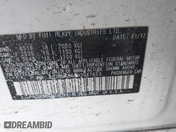 2017 Subaru Legacy Premium with VIN 4S3BNAC68H3047657, listed as a IAAI auction lot 41896594 with 137,792 mi miles and . Bid and sale history available at DreamBid. Image 9.
