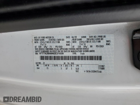 2022 Ford F-250 XL z VIN 1FT7X2B68NEE31039, wystawiony jako Copart lot #61174615 z przebiegiem 126 064 mil mil oraz Szkoda całkowita • Salvage title. Historia ofert i sprzedaży dostępna na DreamBid. Obrazek 12.