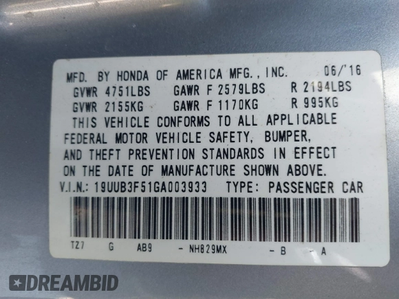 2016 Acura TLX Technology with VIN 19UUB3F51GA003933, listed as a IAAI auction lot 41546630 with 329,251 mi miles and . Bid and sale history available at DreamBid. Image 9.