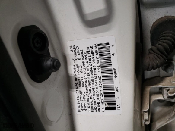 2016 Honda Civic Sedan EX with VIN 19XFC2F71GE086857, listed as a Copart auction lot 41767465 with 0 mi miles and Salvage Title. Bid and sale history available at carsss.com. Image 12.