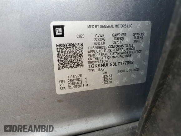 2020 GMC Acadia SLT with VIN 1GKKNULS0LZ177098, listed as a Copart auction lot 58691355 with 67,944 mi miles and Salvage title. Bid and sale history available at DreamBid. Image 13.