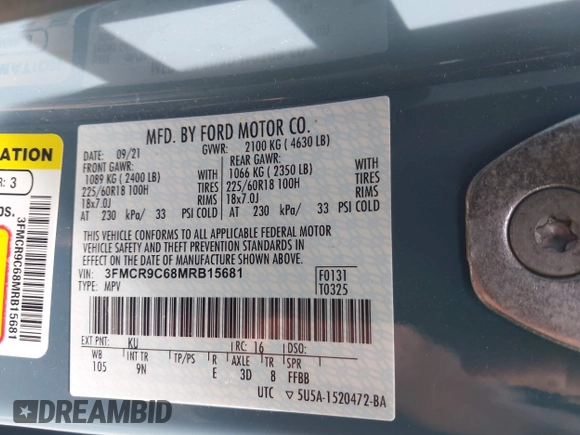 2021 Ford Bronco Sport Outer Banks with VIN 3FMCR9C68MRB15681, listed as a IAAI auction lot 42639690 with 17,061 mi miles and . Bid and sale history available at DreamBid. Image 9.