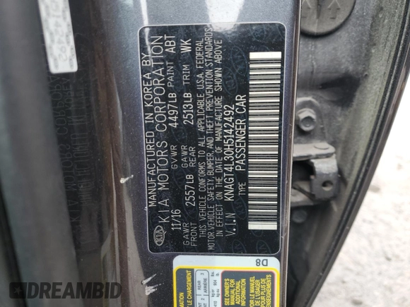 2017 Kia Optima LX z VIN KNAGT4L30H5142492, wystawiony jako Copart lot #43191155 z przebiegiem 63 092 mil mil oraz Szkoda całkowita • Salvage title. Historia ofert i sprzedaży dostępna na DreamBid. Obrazek 12.