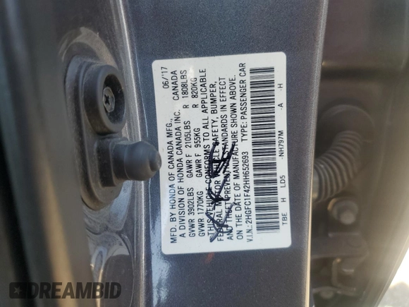 2017 Honda Civic Sedan EX-T with VIN 2HGFC1F42HH652693, listed as a Copart auction lot 50184425 with 75,448 mi miles and Salvage Title. Bid and sale history available at carsss.com. Image 13.