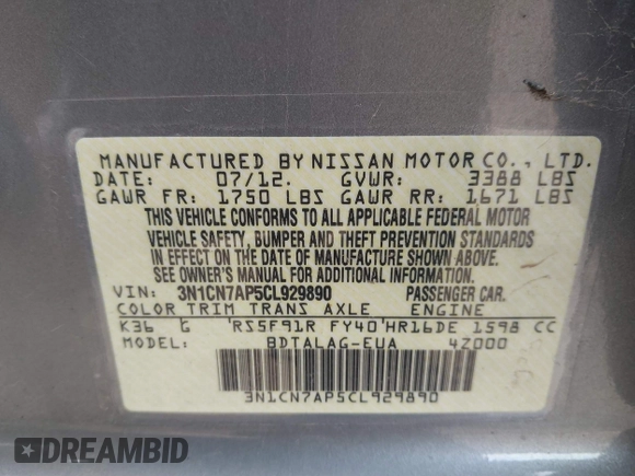 2012 Nissan Versa SV with VIN 3N1CN7AP5CL929890, listed as a IAAI auction lot 41839007 with 145,375 mi miles. Bid and sale history available at carsss.com. Image 9.