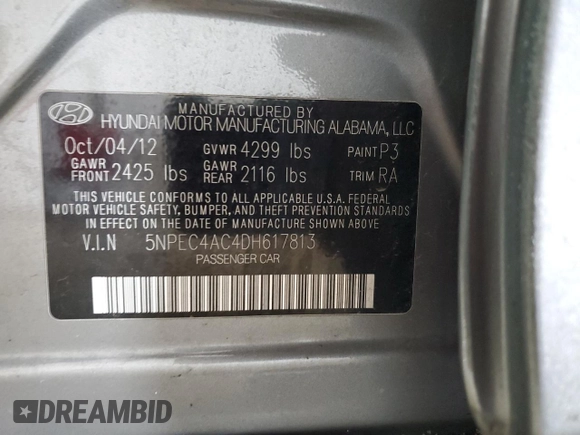 2013 Hyundai Sonata Limited with VIN 5NPEC4AC4DH617813, listed as a Copart auction lot 46164025 with 87,256 mi miles and Salvage Title. Bid and sale history available at DreamBid. Image 13.