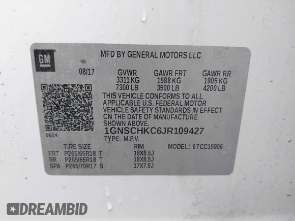 2018 Chevrolet Suburban LT z VIN 1GNSCHKC6JR109427, wystawiony jako IAAI lot #42131806 z przebiegiem 147 049 mil mil oraz . Historia ofert i sprzedaży dostępna na DreamBid. Obrazek 9.