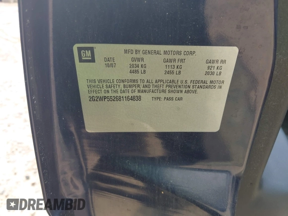 2008 Pontiac Grand Prix z VIN 2G2WP552681164838, wystawiony jako IAAI lot #42492584 z przebiegiem 146 305 mil mil oraz . Historia ofert i sprzedaży dostępna na DreamBid. Obrazek 9.