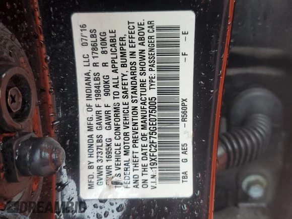 2016 Honda Civic EX with VIN 19XFC2F75GE075005, listed as a Copart auction lot 54423005 with 89,207 mi miles and Salvage Title. Bid and sale history available at DreamBid. Image 12.