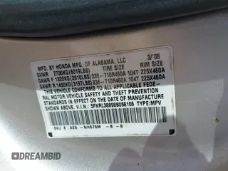 2008 Honda Odyssey Touring with VIN 5FNRL38898B056106, listed as a IAAI auction lot 41963288 with 146,960 mi miles. Bid and sale history available at carsss.com. Image 9.
